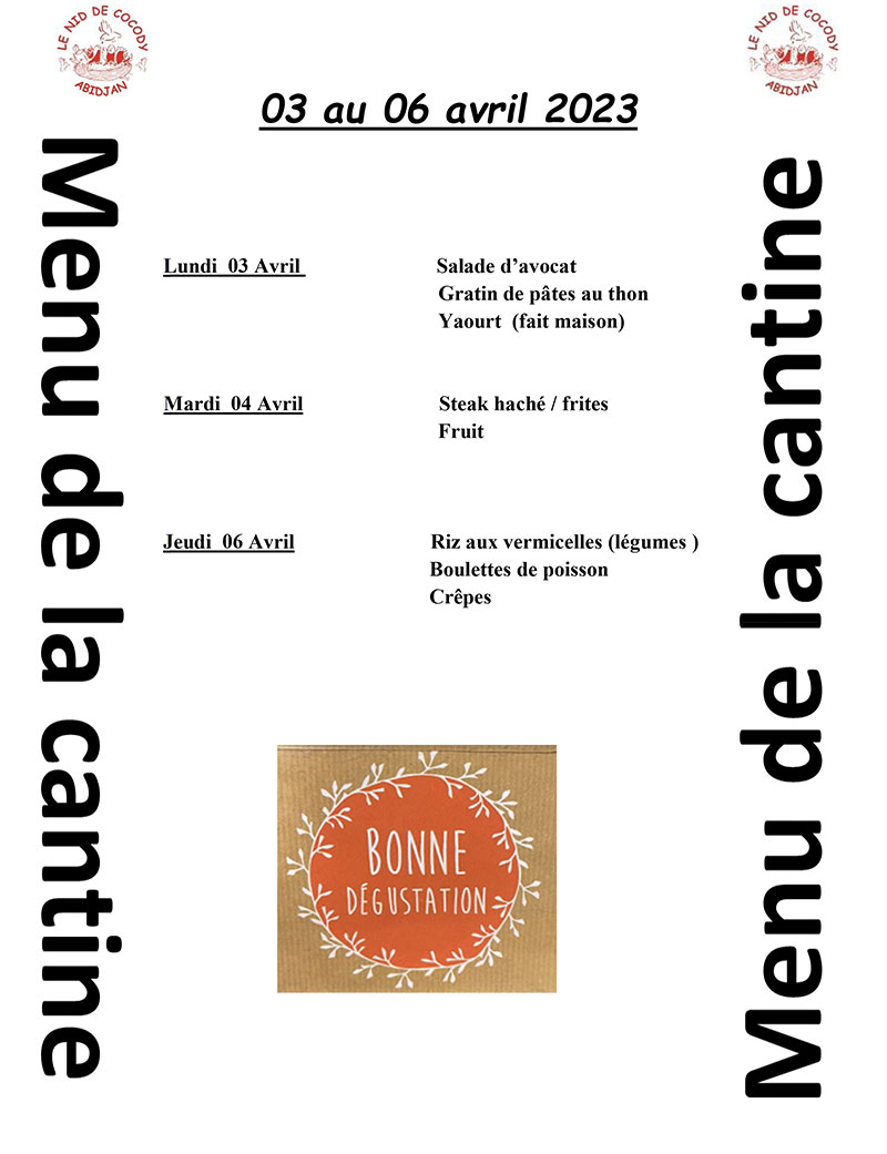 Menu de cantine de la semaine du 3 au 6 Avril 2023