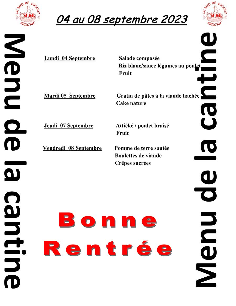 Menu de cantine de la semaine du 04 au 08 septembre 2023