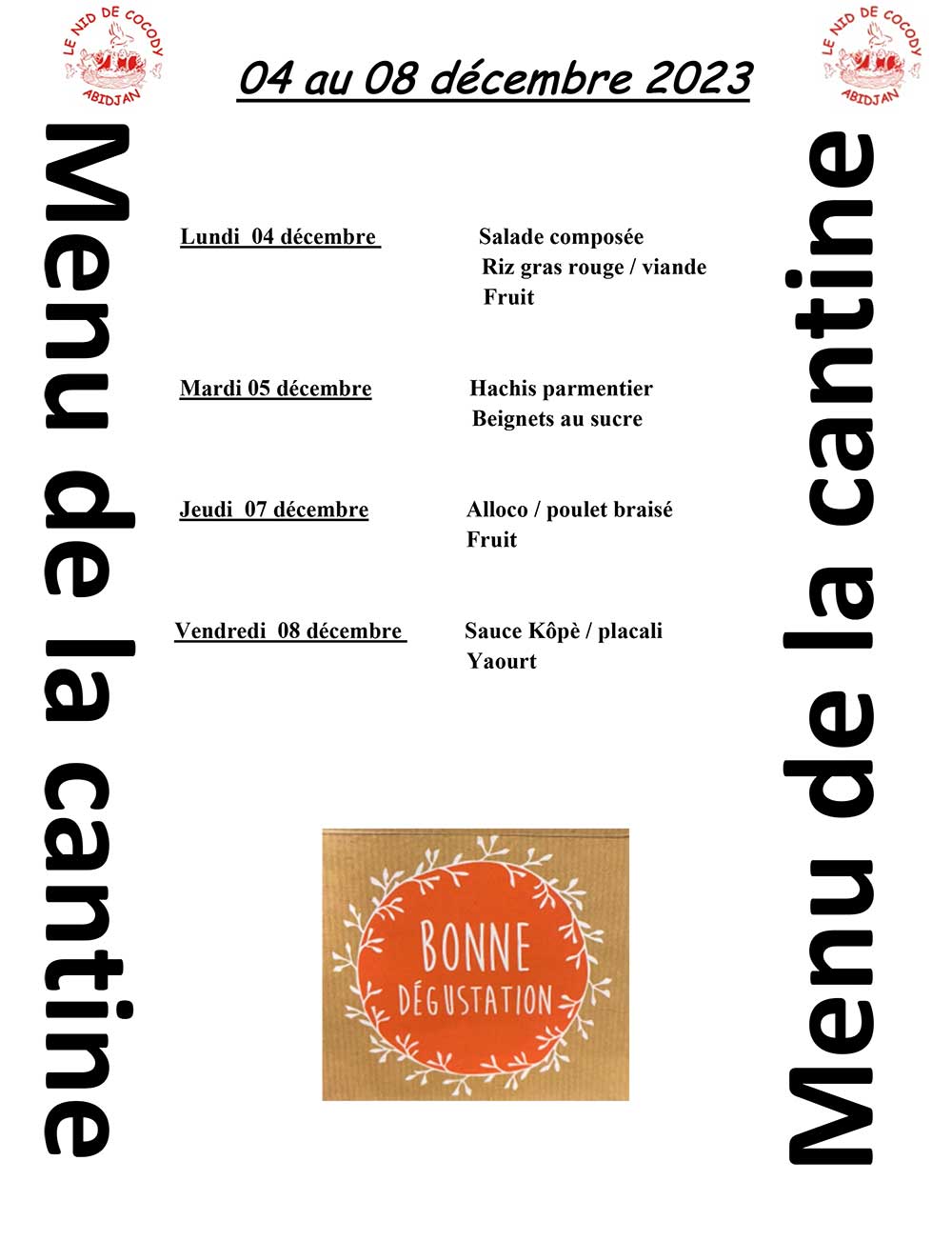 Menu de cantine de la semaine du 04 au 08 décembre 2023