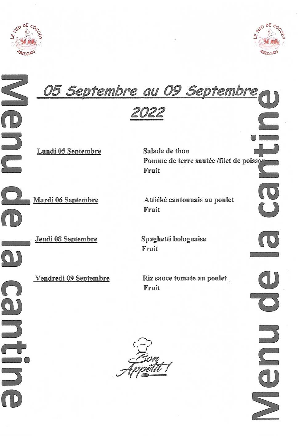 Menu de la cantine de la semaine du 5 au 9 Septembre 2022