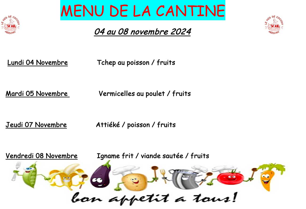 Menu de cantine de la semaine du 04 au 08 novembre 2024