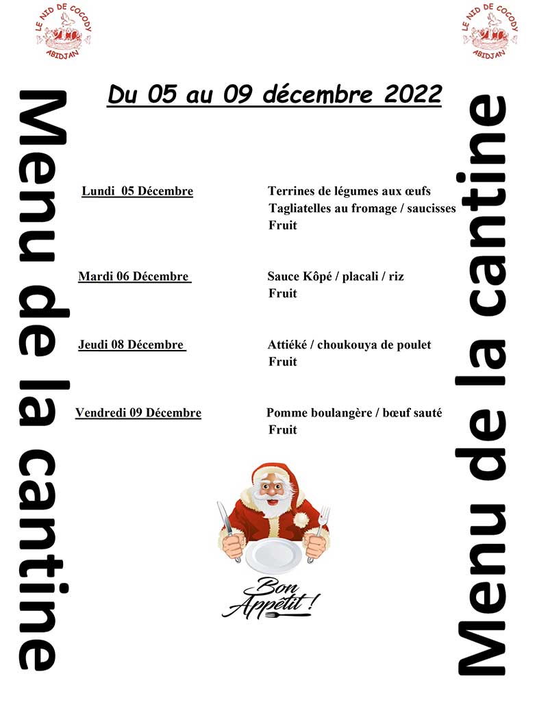 Menu de la cantine de la semaine du 05 au 09 Décembre 2022 