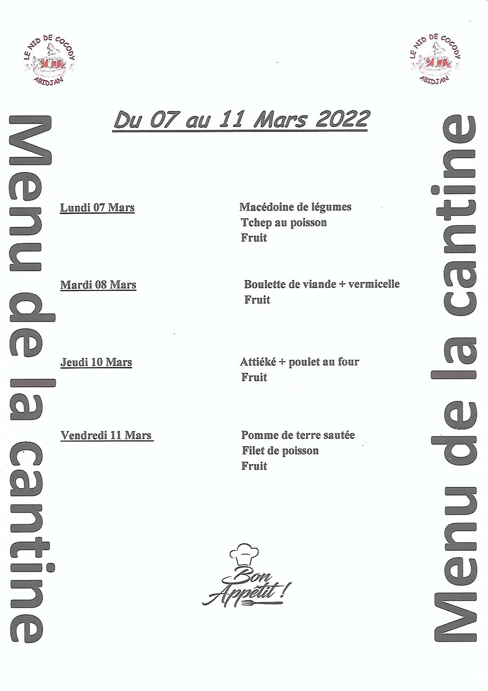 Menu de cantine de la semaine du 07 au 11 Mars 2022