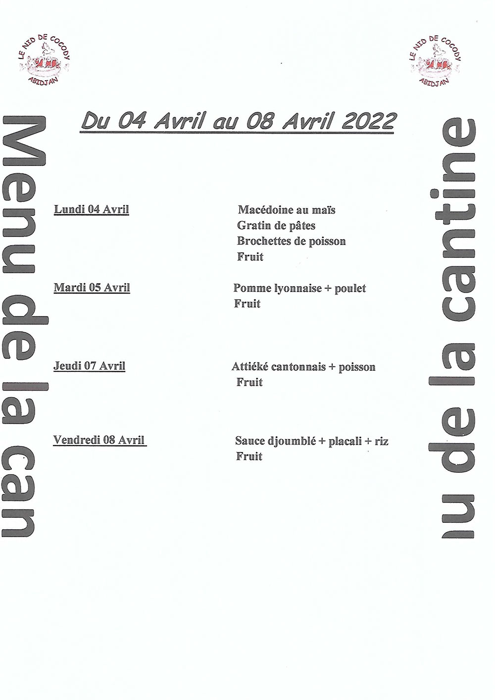 Menu de cantine de la semaine du 4 au 8 Avril 2022