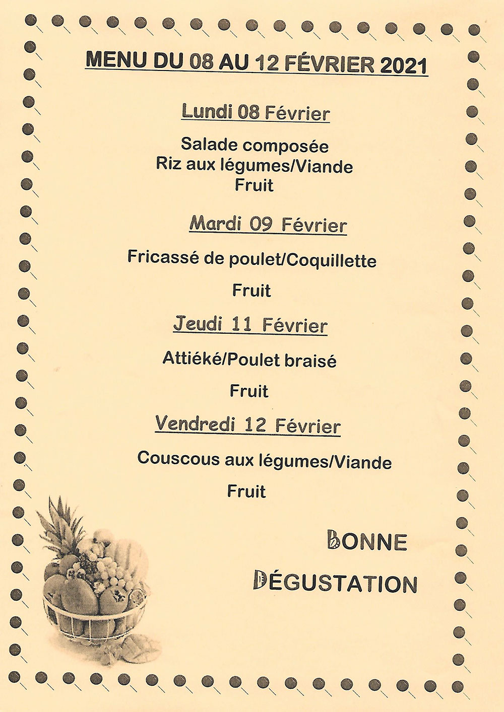 Menu de cantine de la semaine du 08 au 12 Février 2021