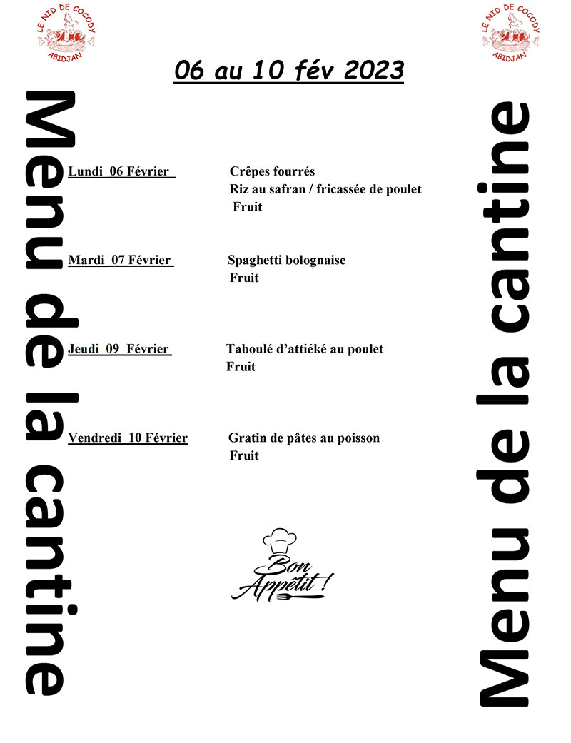 Menu de la cantine de la semaine du 06 au 10  Février 2023 