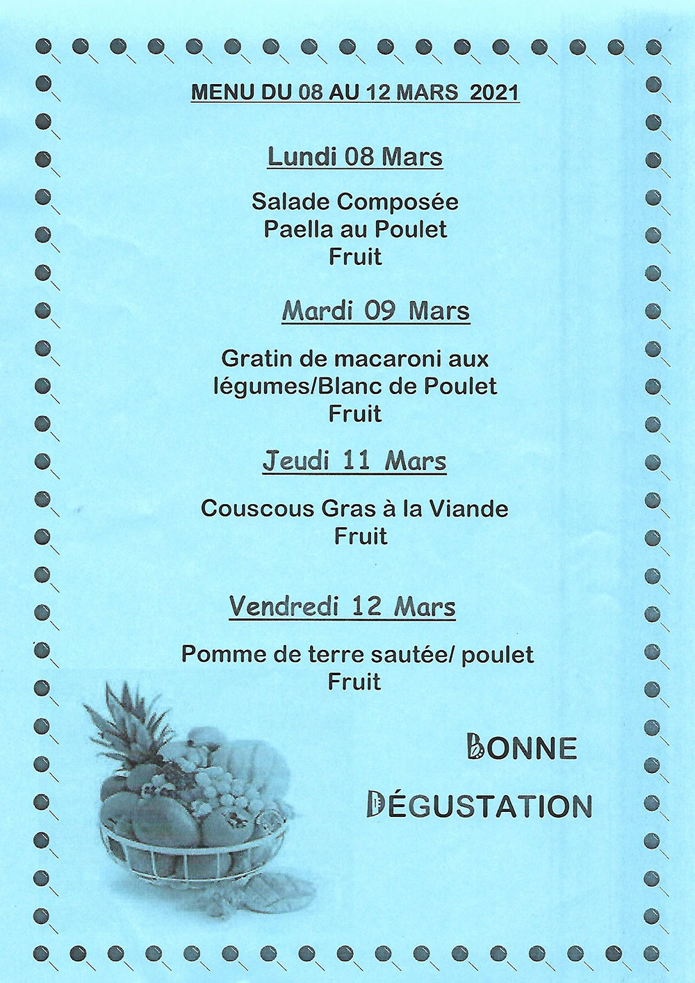 Menu de cantine de la semaine du 08 au 12 Mars 2021