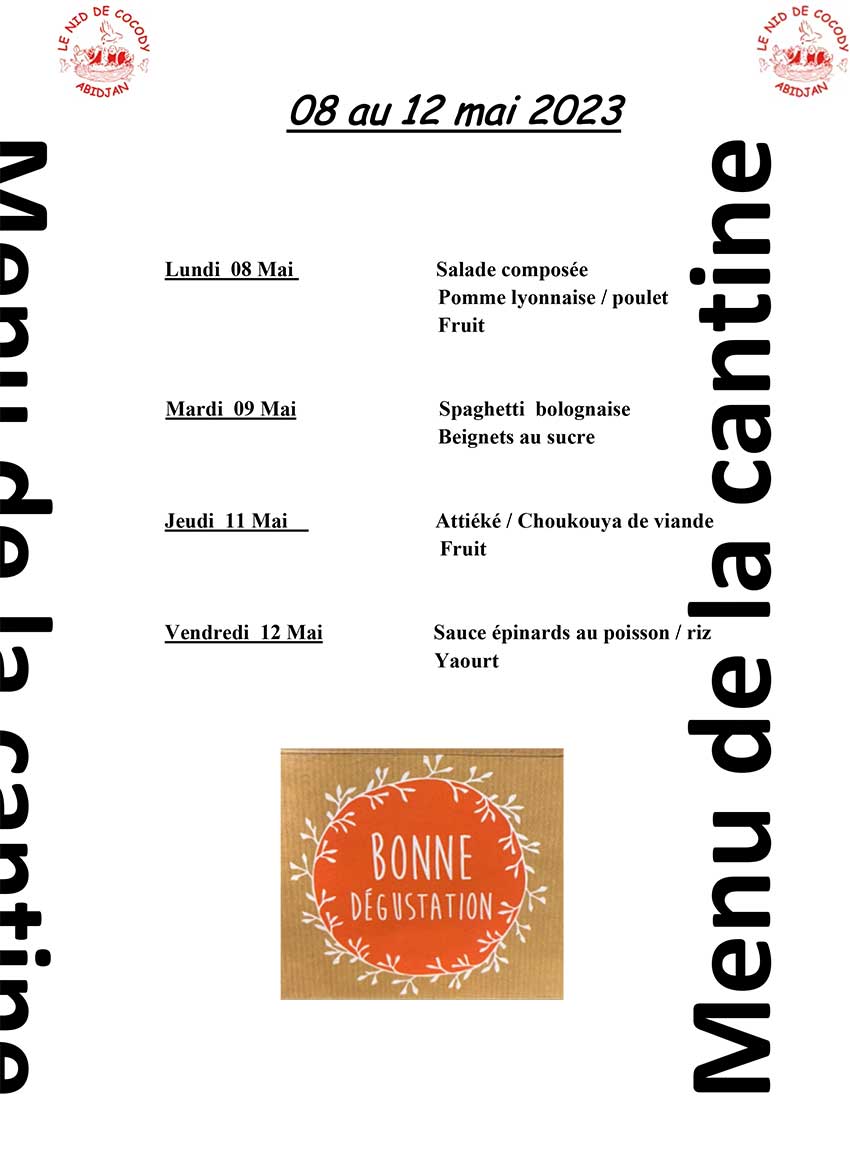 Menu de cantine de la semaine du 08 au 12 mai 2023