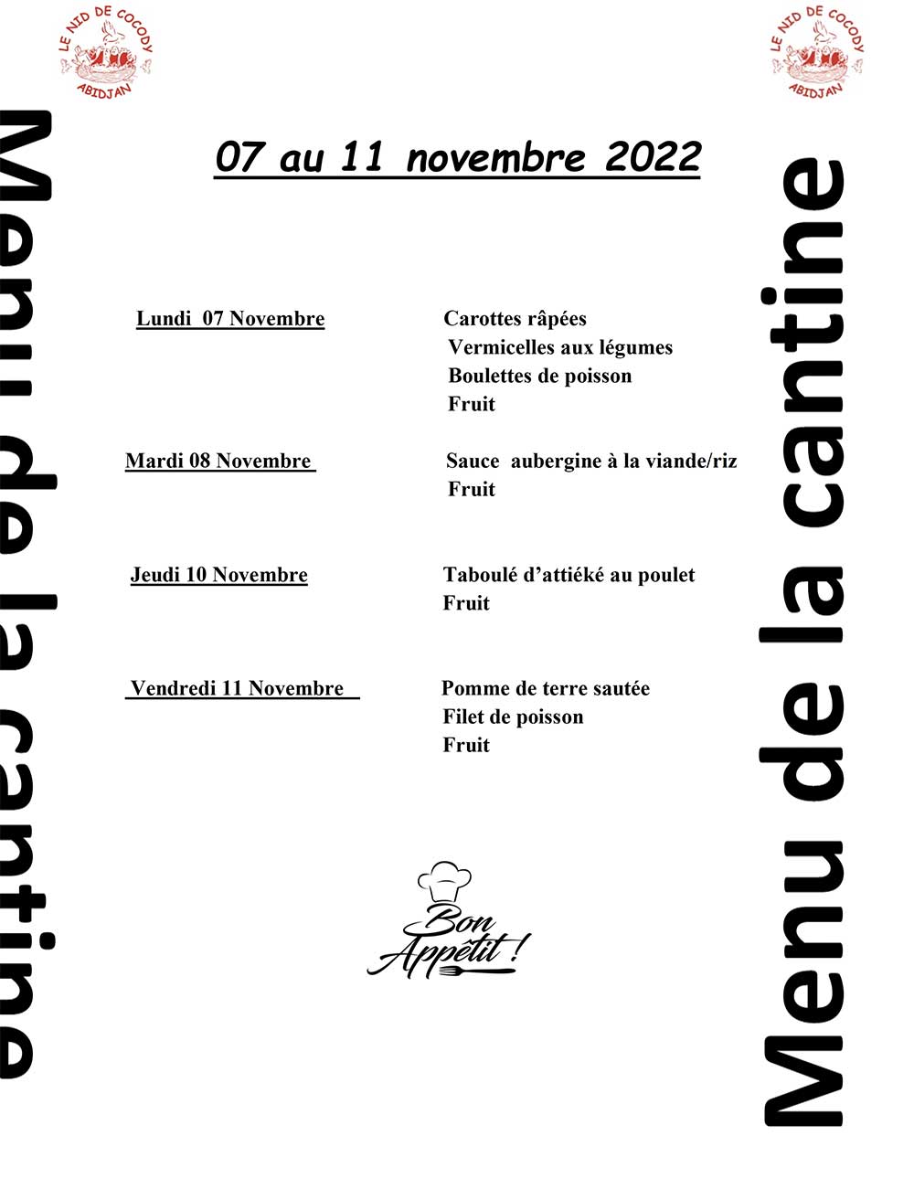 Menu de la cantine de la semaine du 7 au 11 Novembre 2022