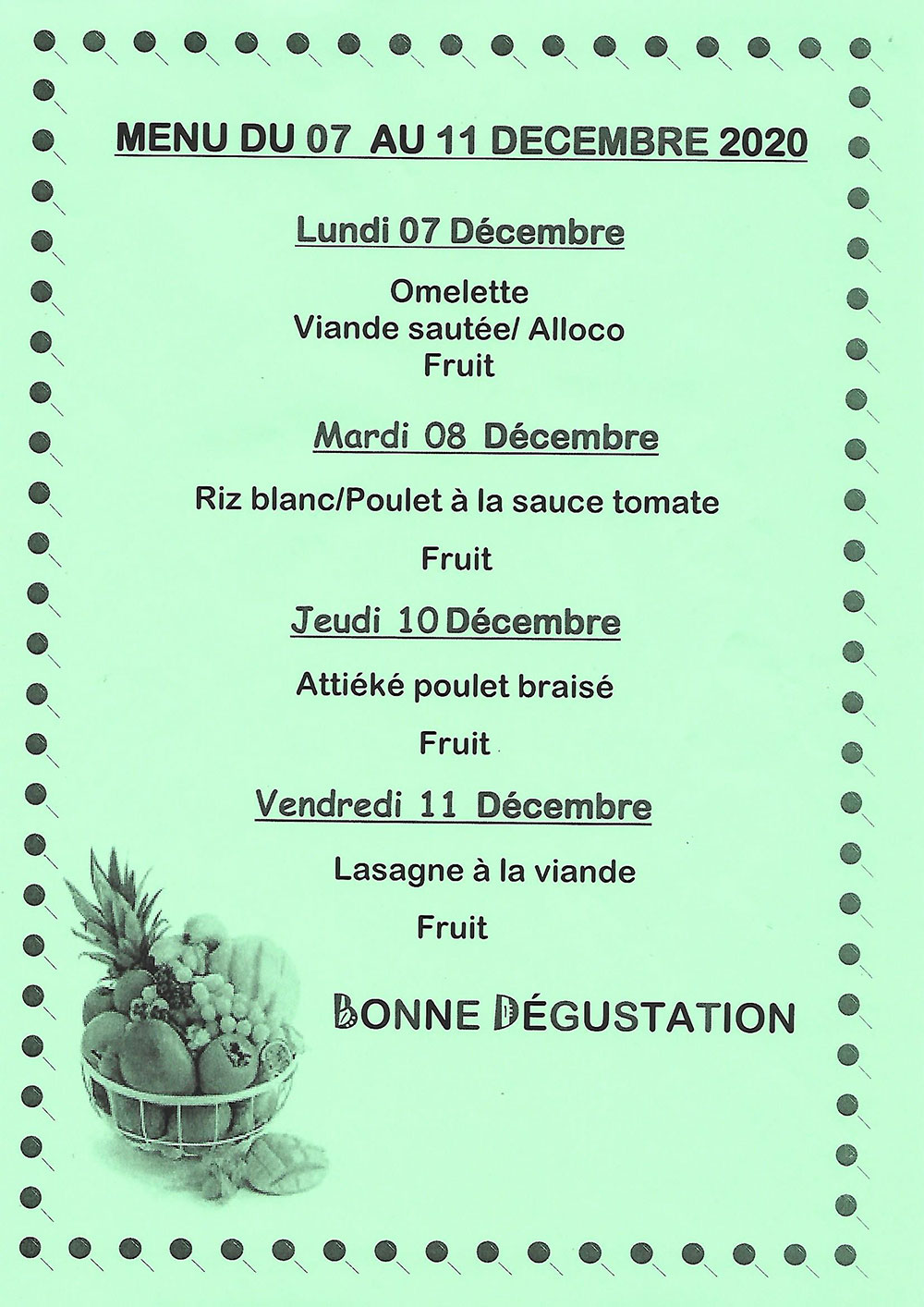 Menu de cantine de la semaine du 7 au 11 Décembre 2020