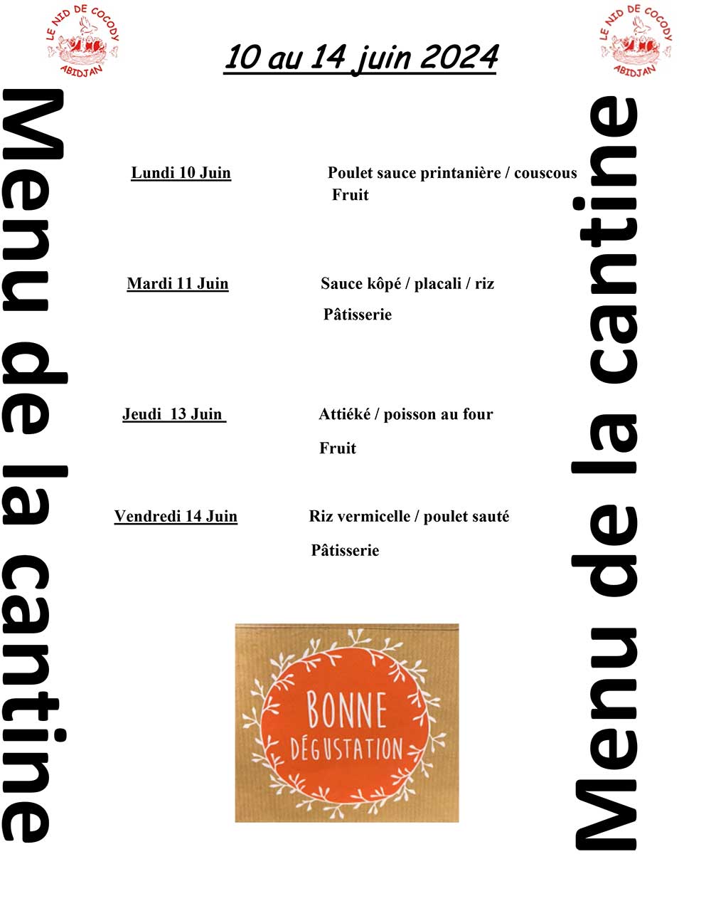 Menu de cantine de la semaine du 10 au 14 juin 2024