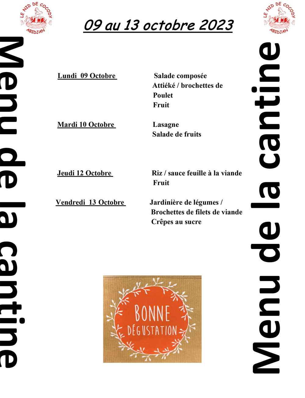 Menu de cantine de la semaine du 9 au 13 Octobre 2023 