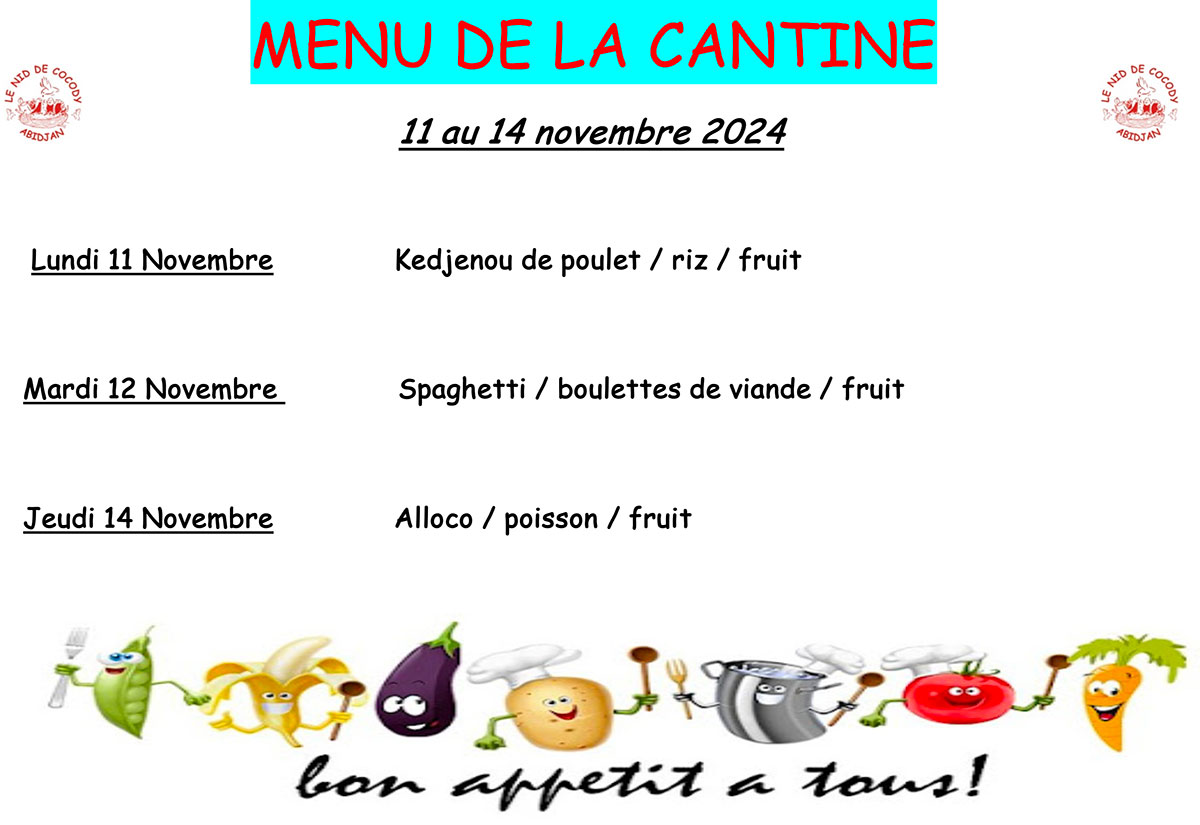 Menu de cantine de la semaine du 11 au 14 novembre 2024