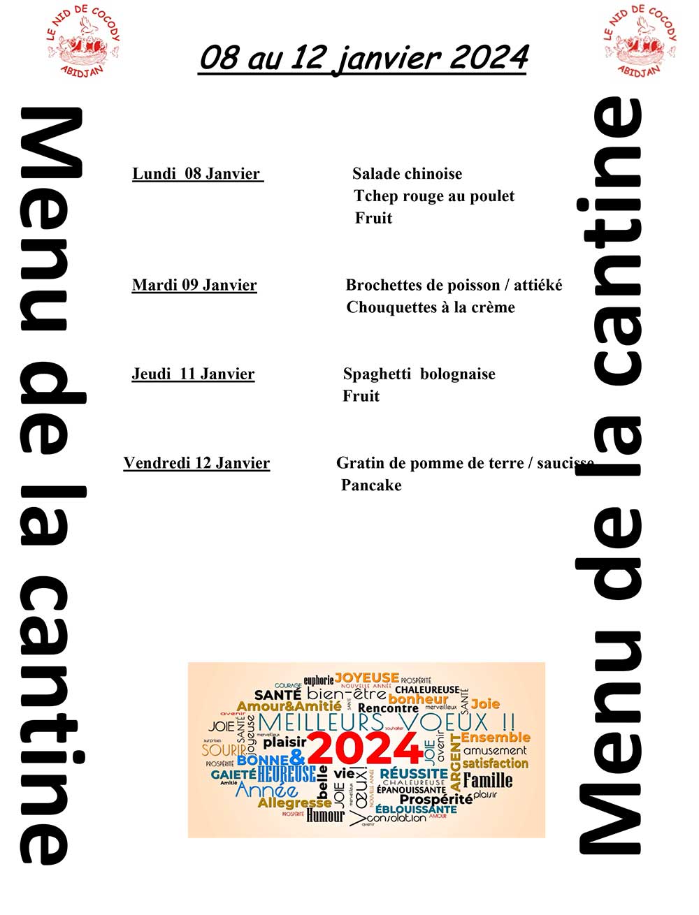 Menu de cantine de la semaine du 08 au 12 janvier 2024