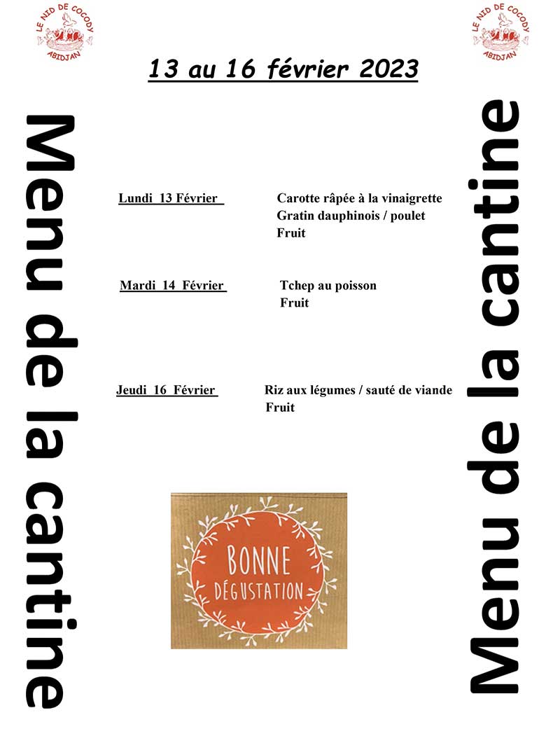 Menu de la cantine de la semaine du 13 au 16 Février 2023