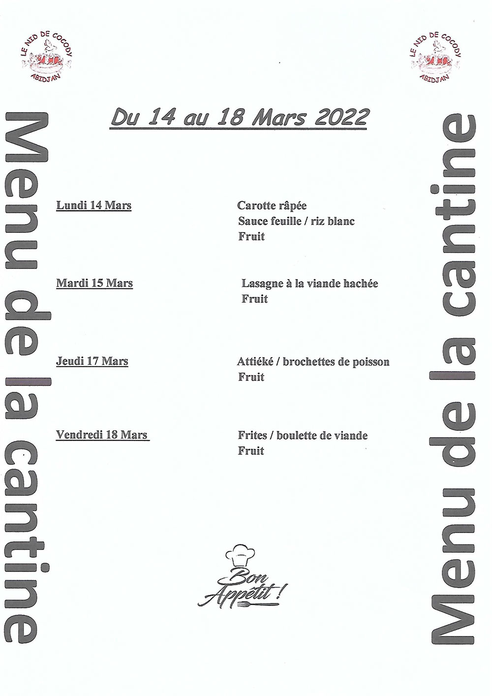 Menu de cantine de la semaine du 14 au 18 Mars 2022