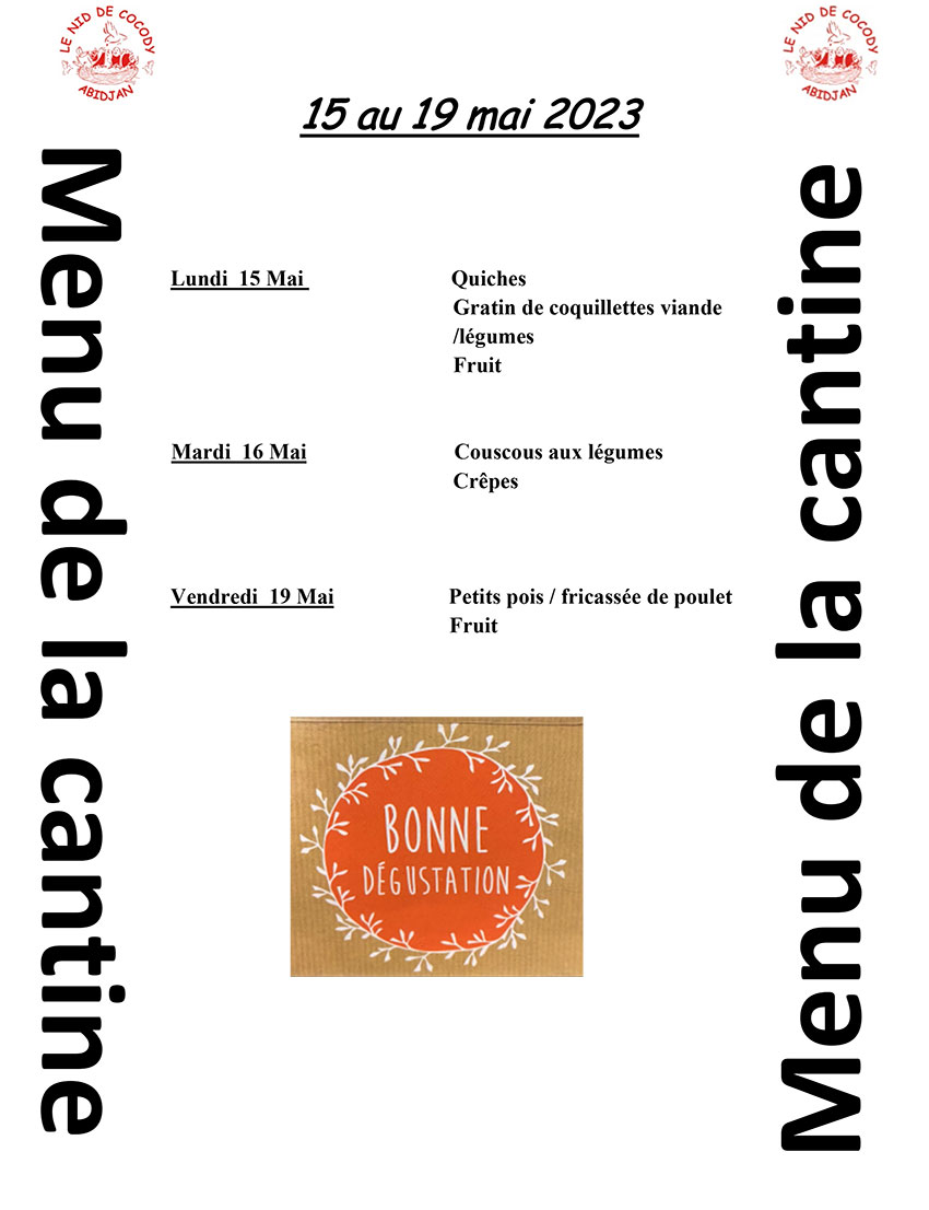 Menu de cantine de la semaine du 15 au 19 mai 2023 