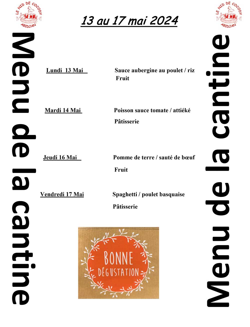 Menu de cantine de la semaine du 13 au 17 Mai 2024 