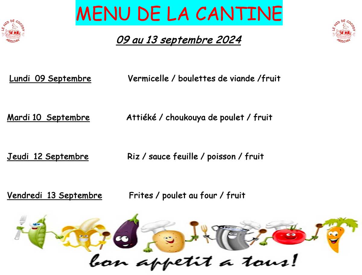 Menu de cantine de la semaine du 09 au 13 septembre 2024