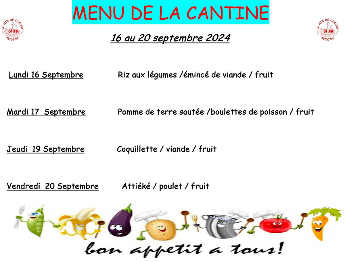 Menu de cantine de la semaine du 16 au 20 septembre 2024