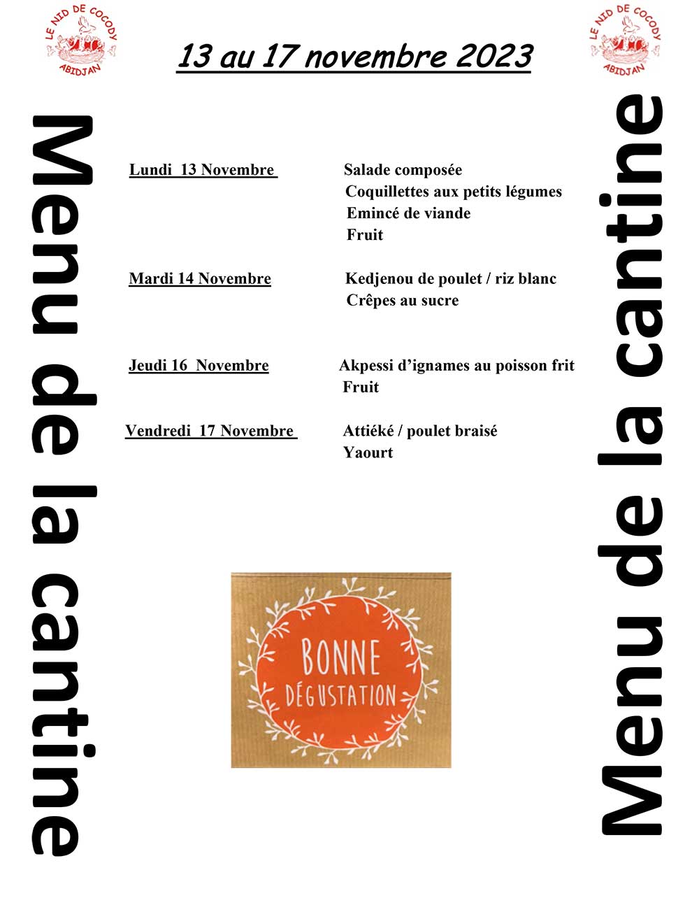 Menu de cantine de la semaine du 13 au 17 Novembre 2023 