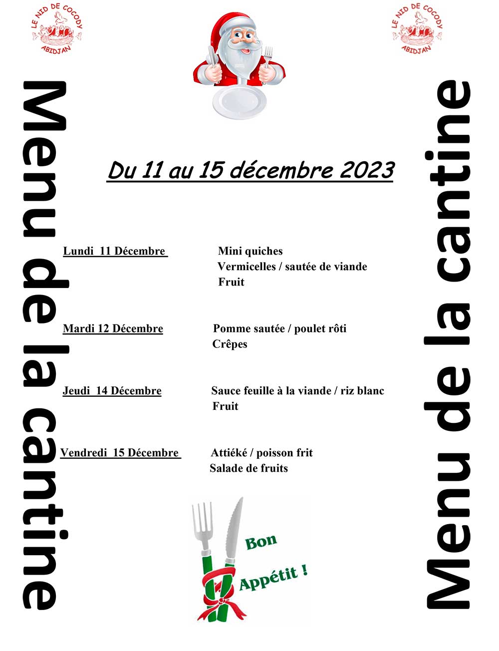 Menu de cantine de la semaine du 11 au 15 décembre 2023