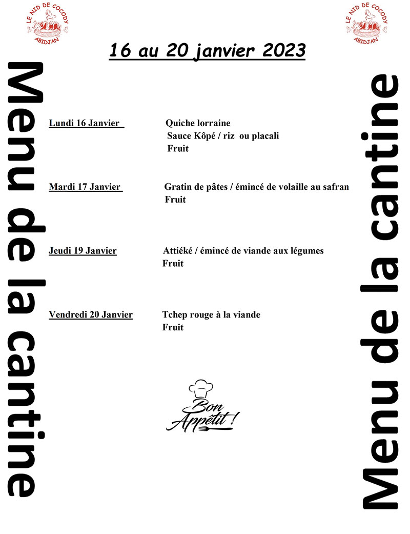 Menu de la cantine de la semaine du 16 au 20 Janvier 2023 