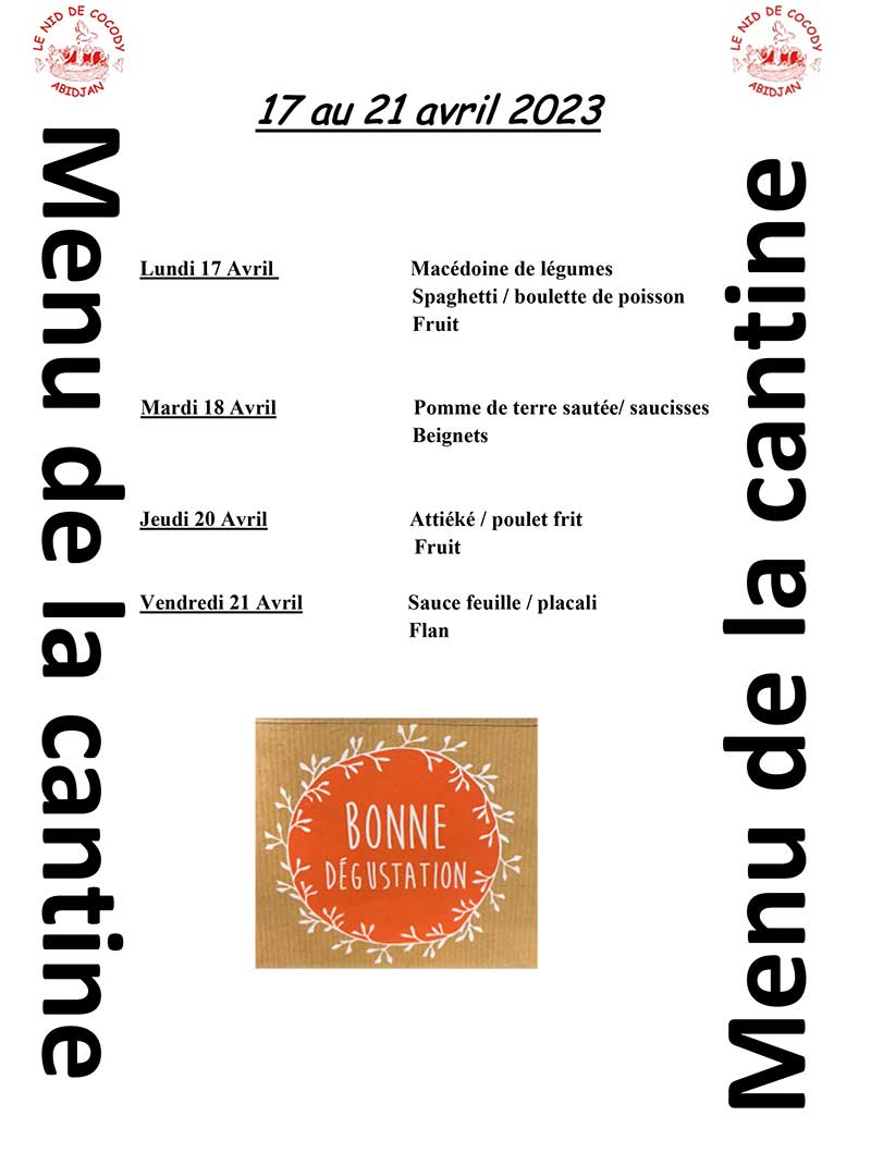 Menu de cantine de la semaine du 17 au 21 Avril 2023