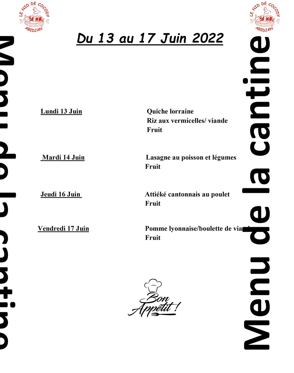 Menu de la cantine de la semaine du 13 au 17 Juin 2022 