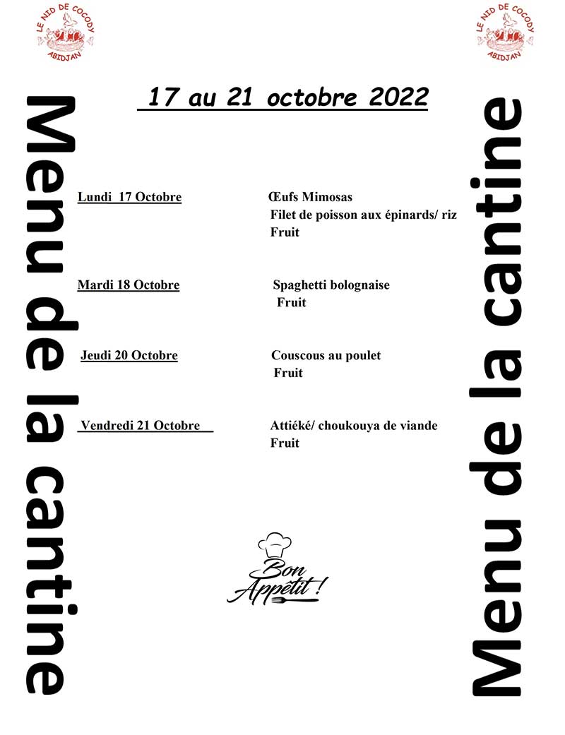 Menu de la cantine de la semaine du 17 au 21 Octobre 2022