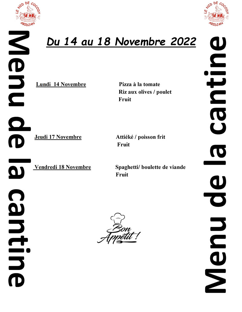 Menu de la cantine de la semaine du 14 au 18 Novembre 2022 