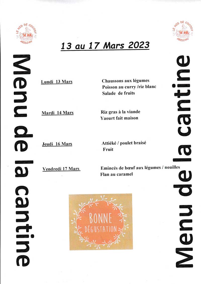 Menu de la cantine de la semaine du 13 au 17 Mars 2023