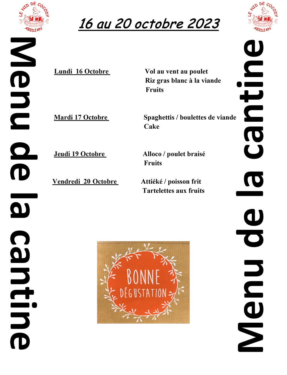 Menu de cantine de la semaine du 16 au 20  Octobre 2023 