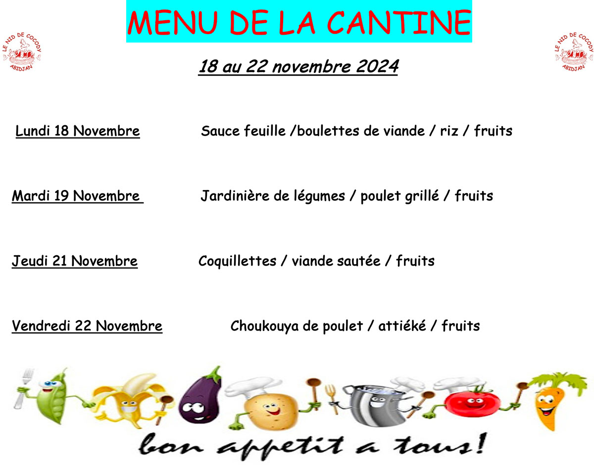 Menu de cantine de la semaine du 18 au 22 novembre 2024