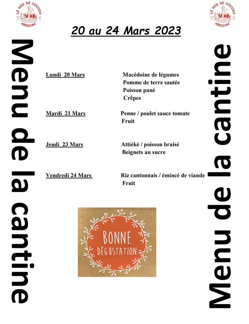 Menu de la cantine de la semaine du 20 au 24 Mars 2023