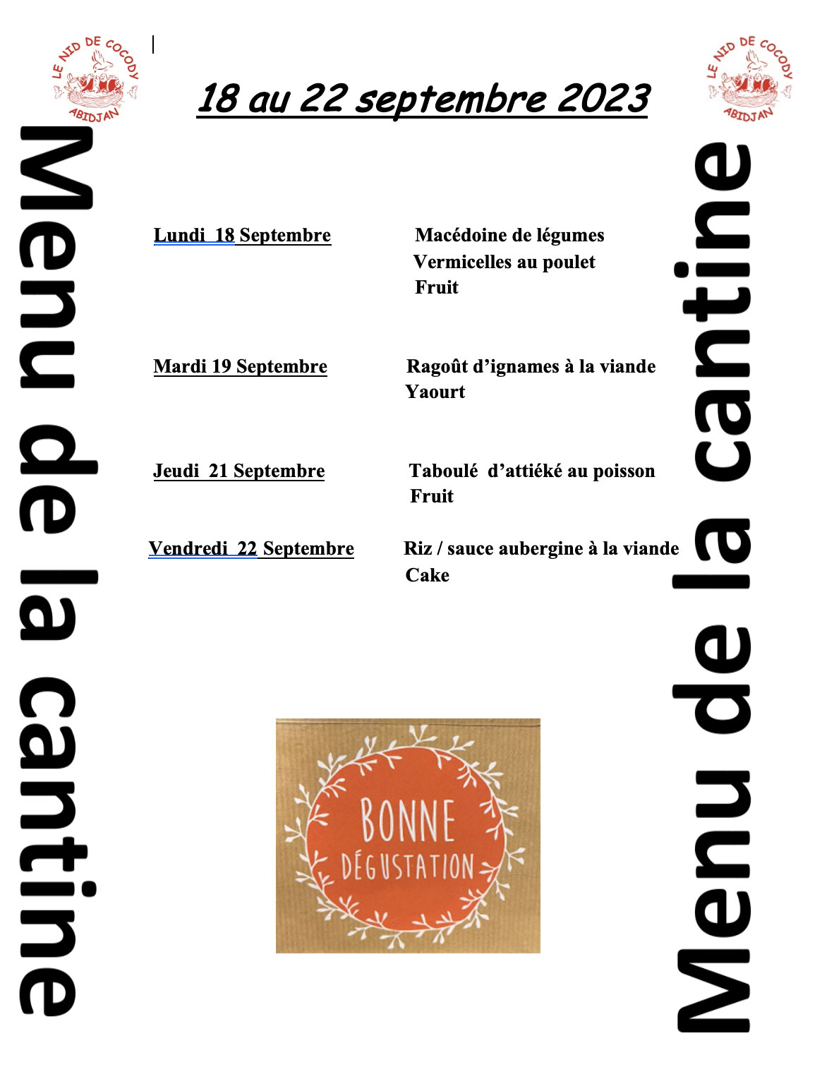 Menu de cantine de la semaine du 18 au 22 septembre 2023