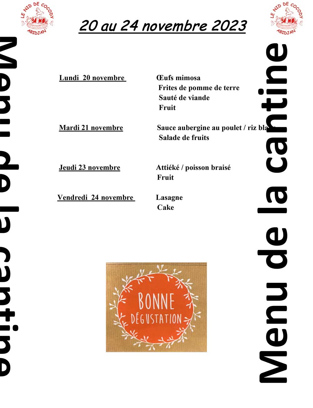 Menu de cantine de la semaine du 20 au 24 Novembre 2023