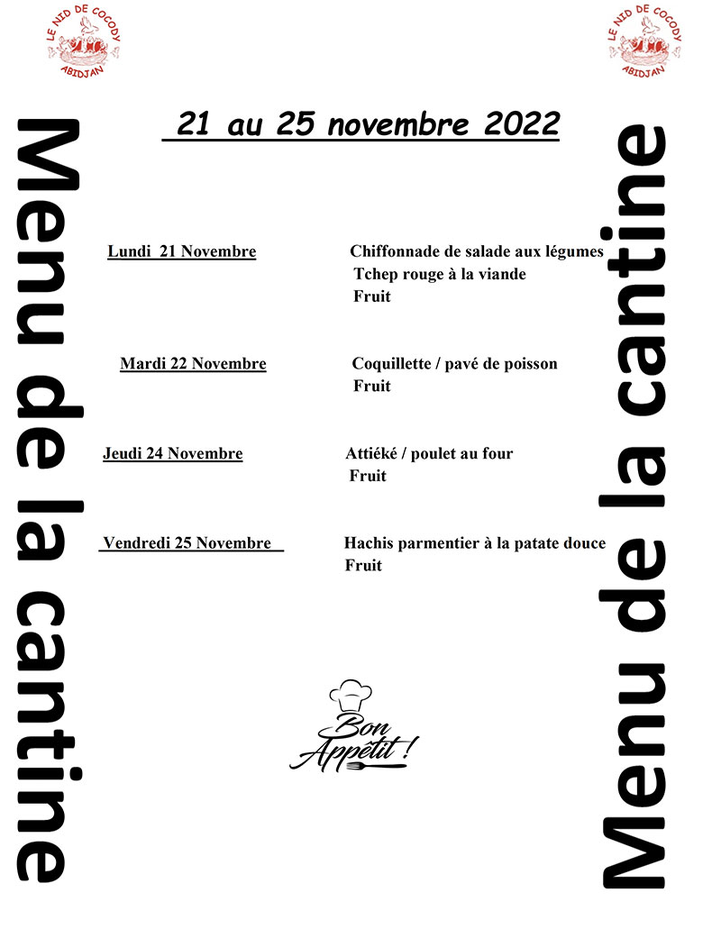 Menu de la cantine de la semaine du 21 au 25 Novembre 2022