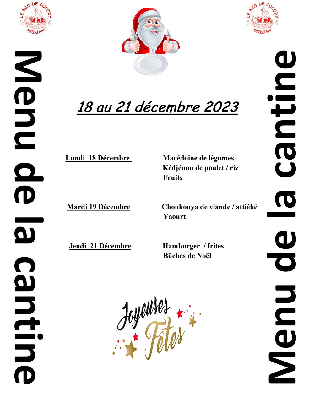 Menu de cantine de la semaine du 18 au 21 décembre 2023