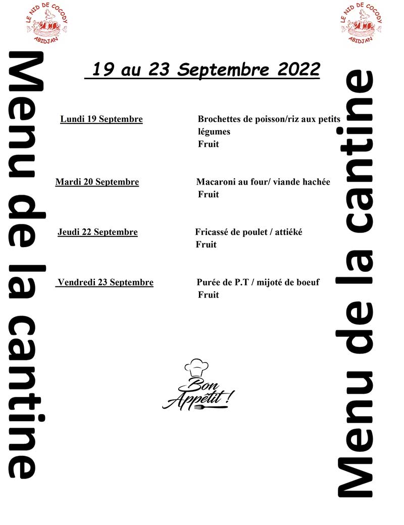 Menu de la cantine de la semaine du 19 au 23 Septembre 2022