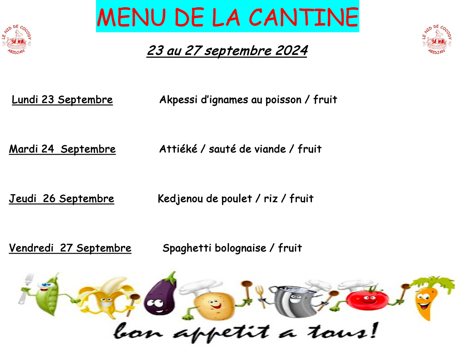 Menu de cantine de la semaine du 23 au 27 septembre 2024