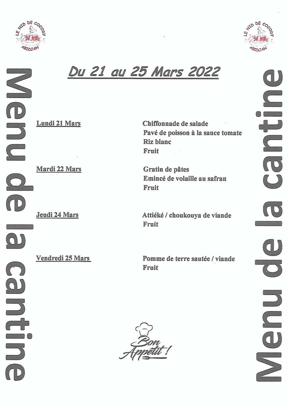 Menu de cantine de la semaine du 21 au 25 Mars 2022