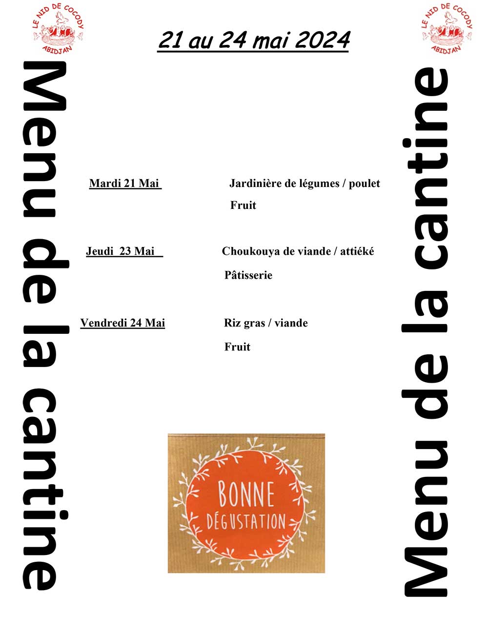 Menu de cantine de la semaine du 21 au 24 mai 2024