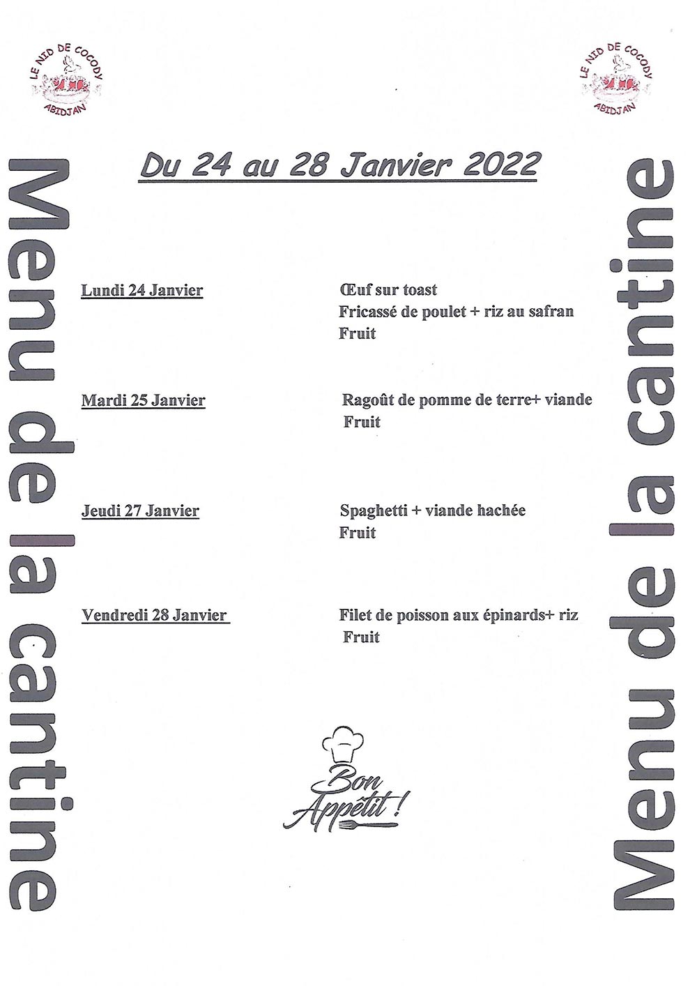 Menu de cantine de la semaine du 24 au 28 Janvier 2022 