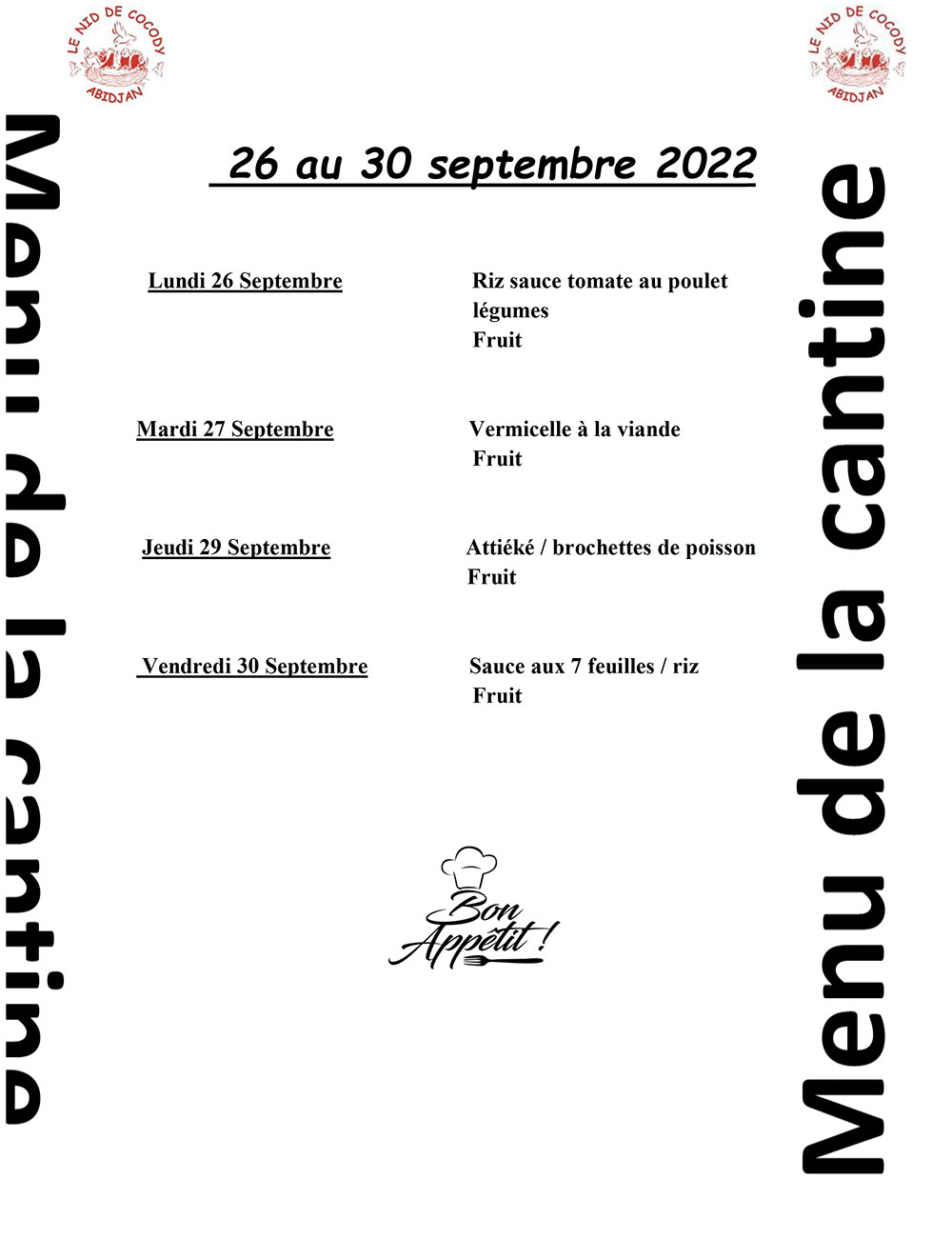 Menu de la cantine de la semaine du 26 au 30 Septembre 2022