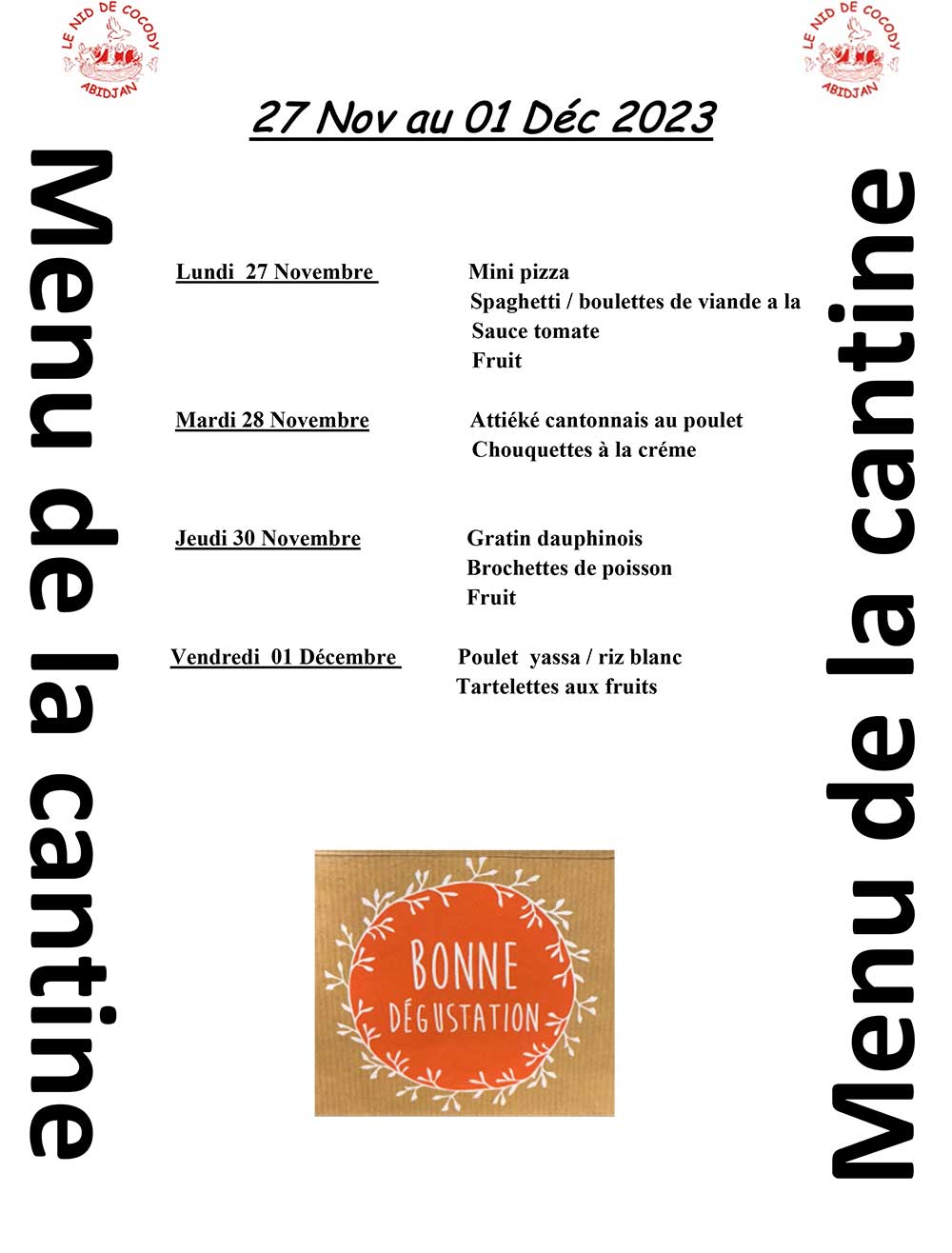 Menu de cantine de la semaine du 27 Novembre au 1er Décembre 2023