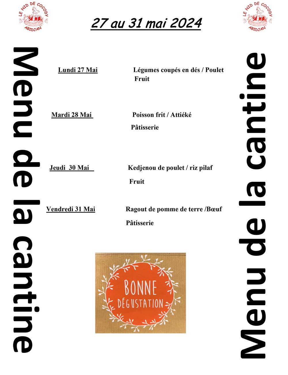 Menu de cantine de la semaine du 27 au 31 mai 2024