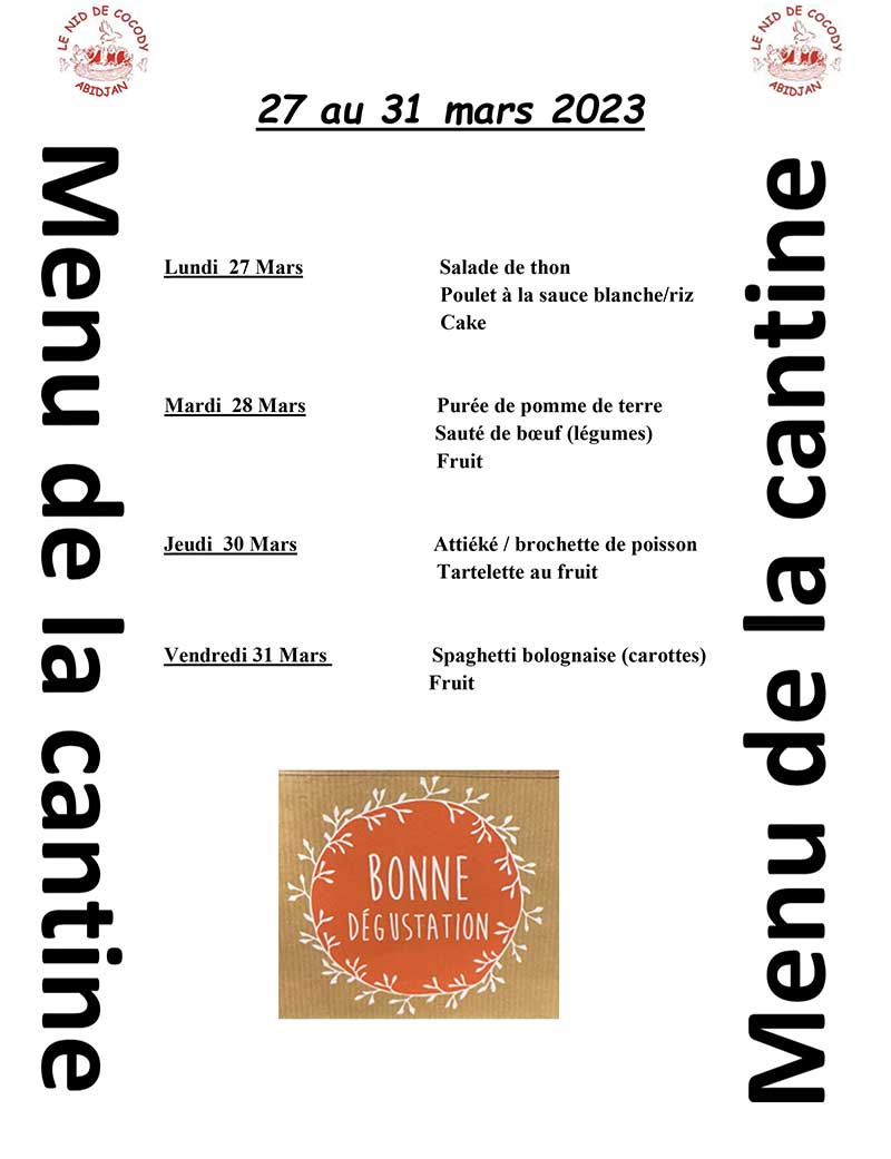 Menu de cantine de la semaine du 27 au 31 mars 2023