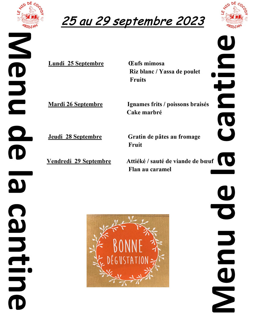 Menu de cantine de la semaine du 25 au 29 septembre 2023