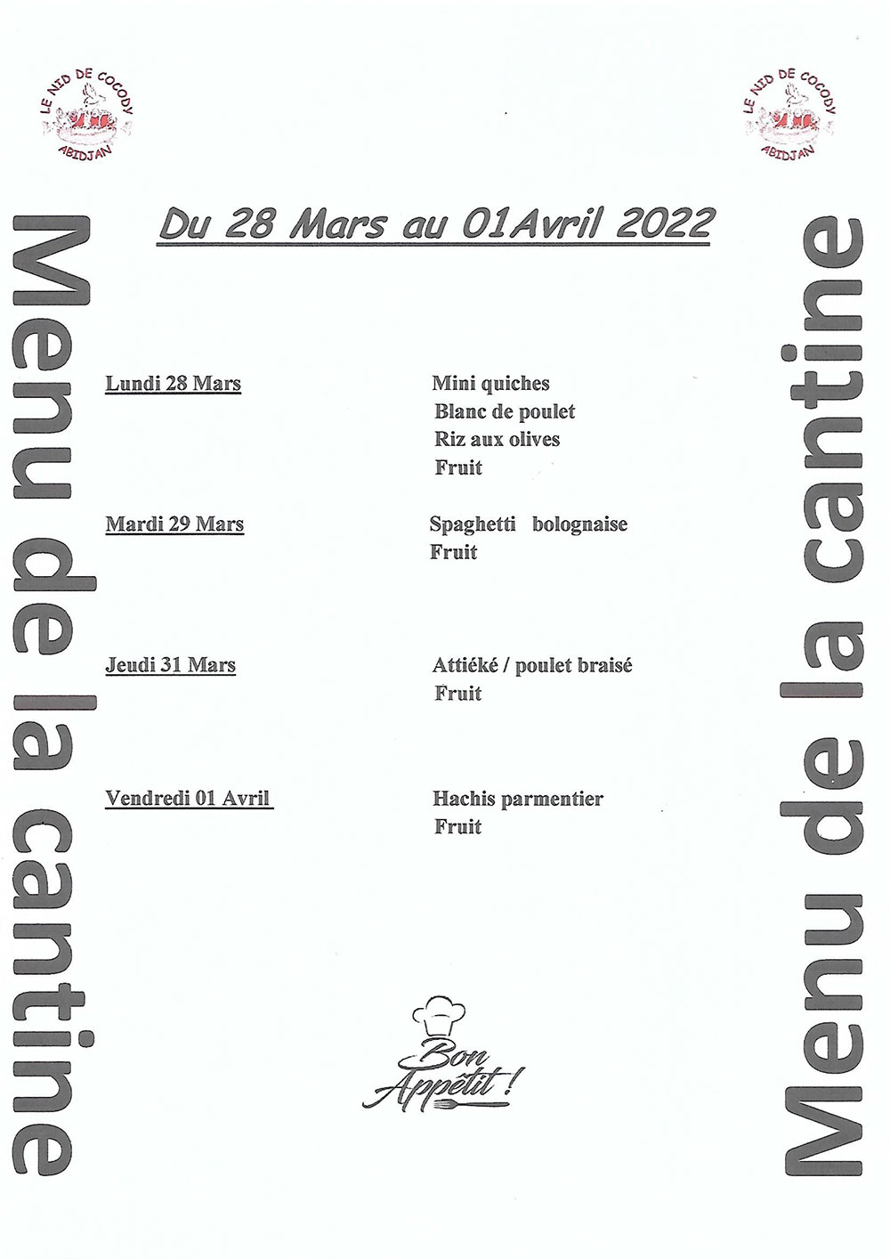 Menu de cantine de la semaine du 28 Mars au  01 Avril 2022 